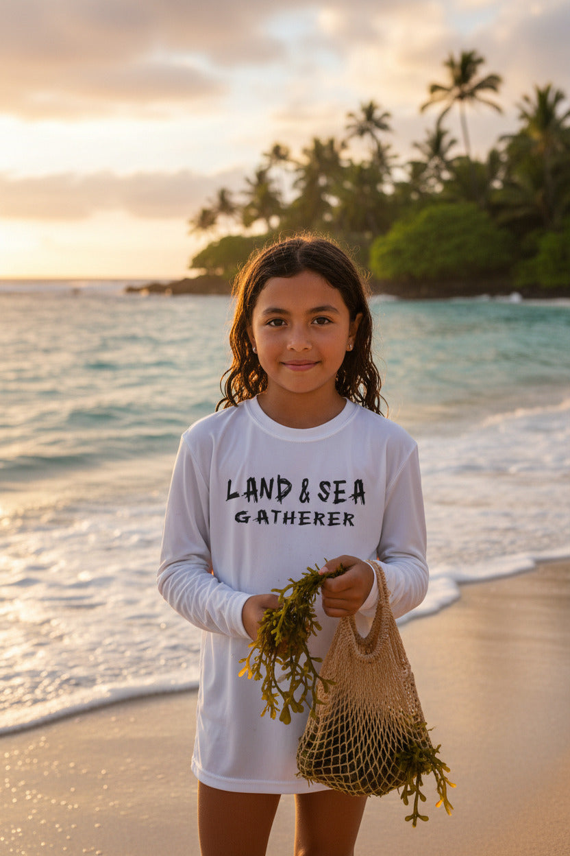 Youth Long Sleeve Tee — "Land & Sea Gatherer" Fishing Shirt (Catch Fish, Not Problems)