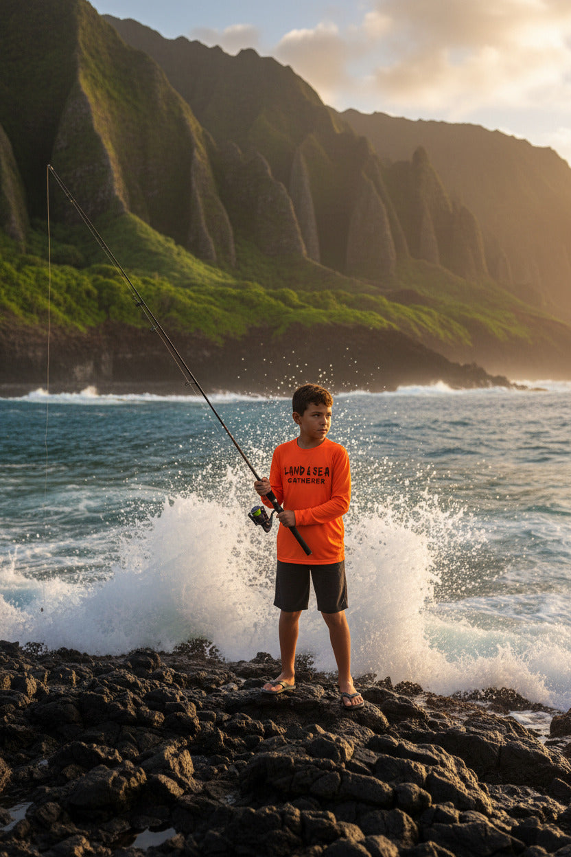 Youth Long Sleeve Tee — "Land & Sea Gatherer" Fishing Shirt (Catch Fish, Not Problems)