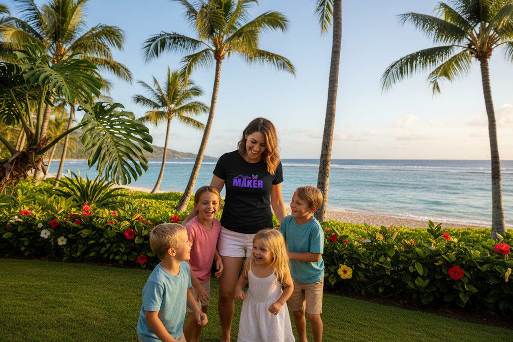 Life Maker Scoop Neck Tee — ‘Life Maker’ Butterfly Design with Heart ‘Mom’ Back Print