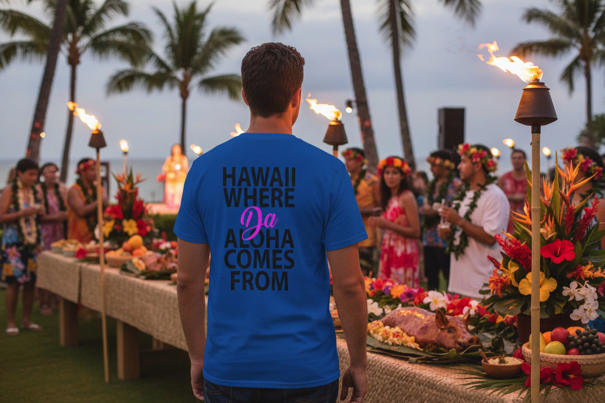 Blue t-shirt with text on the back on a white background