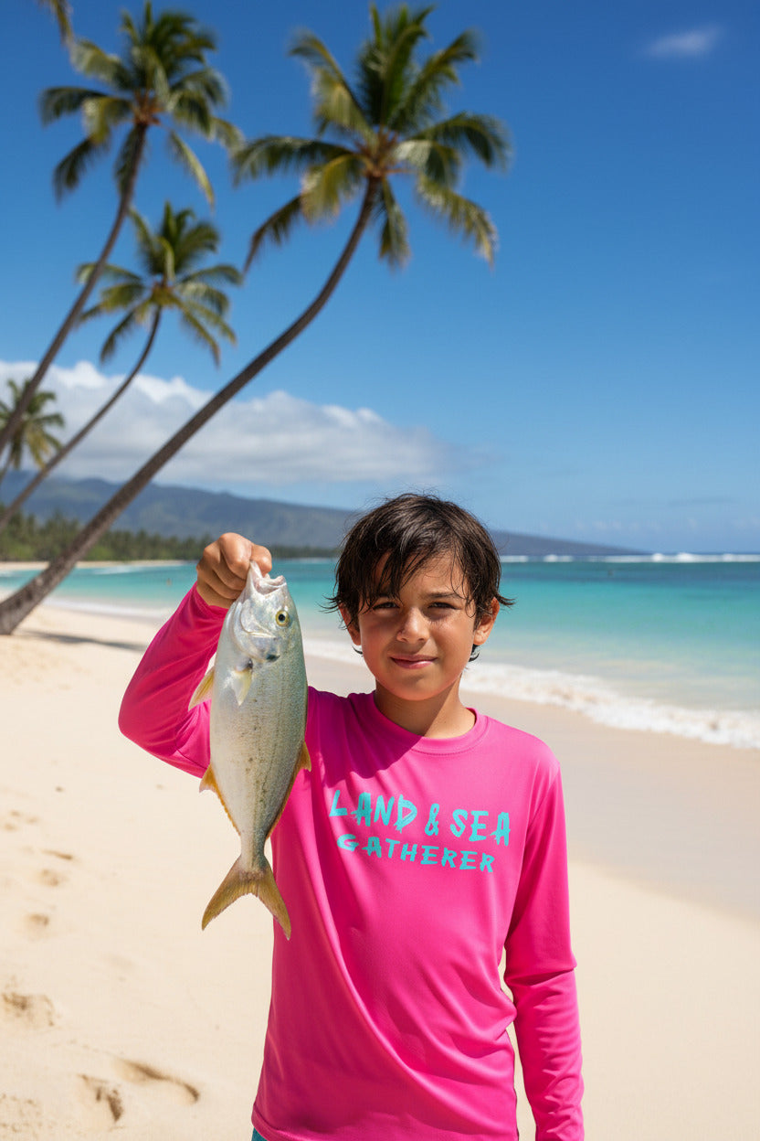 Youth Long Sleeve Tee — "Land & Sea Gatherer" Fishing Shirt (Catch Fish, Not Problems)