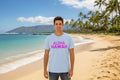 Light blue t-shirt with 'Aloha Hawaii' text in pink on a white background
