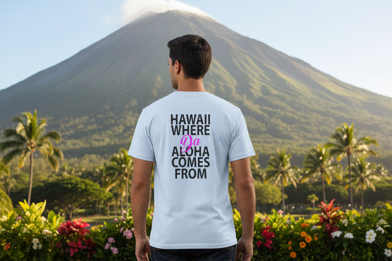 Light blue t-shirt with text 'Hawaii Where Da Aloha Comes From' on a white background