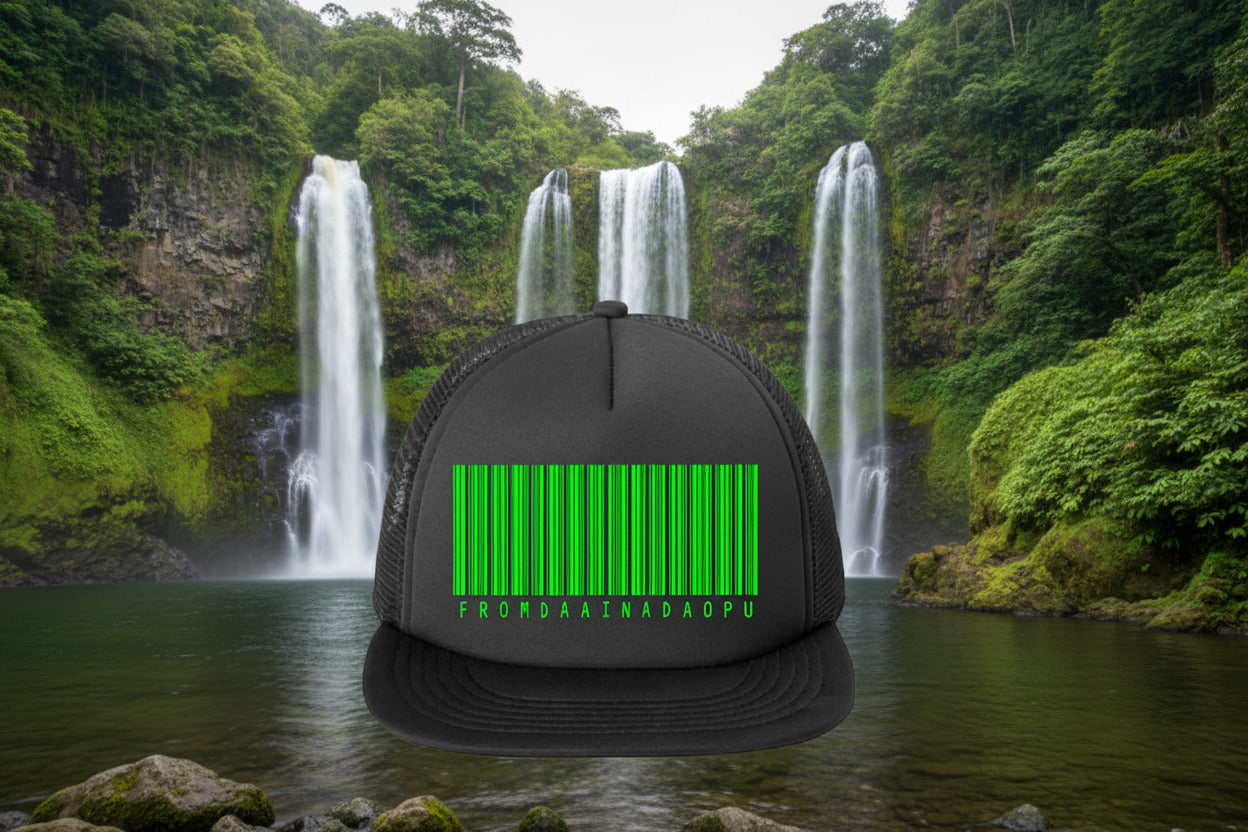 Black cap with a green barcode design and text on a white background