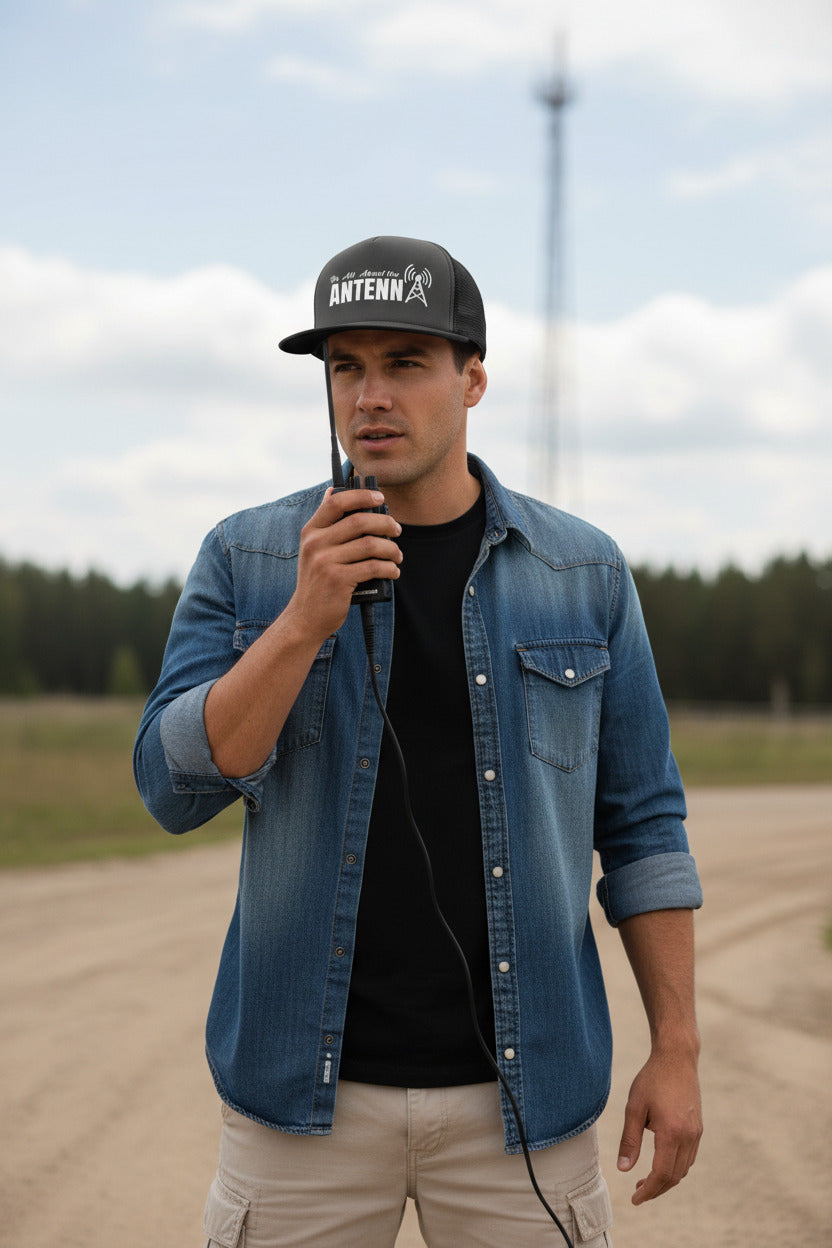 Black trucker hat with white text and antenna graphic on a white background